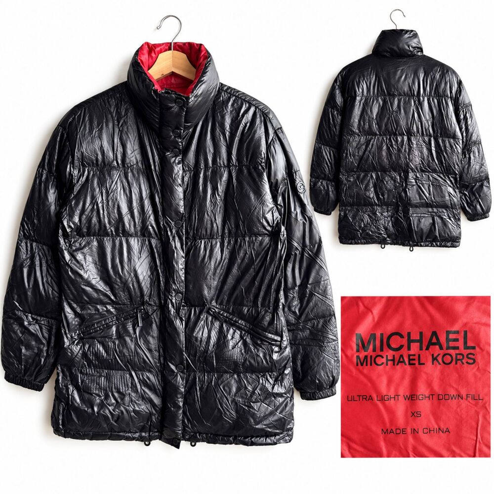 Michael Kors Ultra Light Weight 90% Down Fill Puffer Jacket Black Red Women's XS